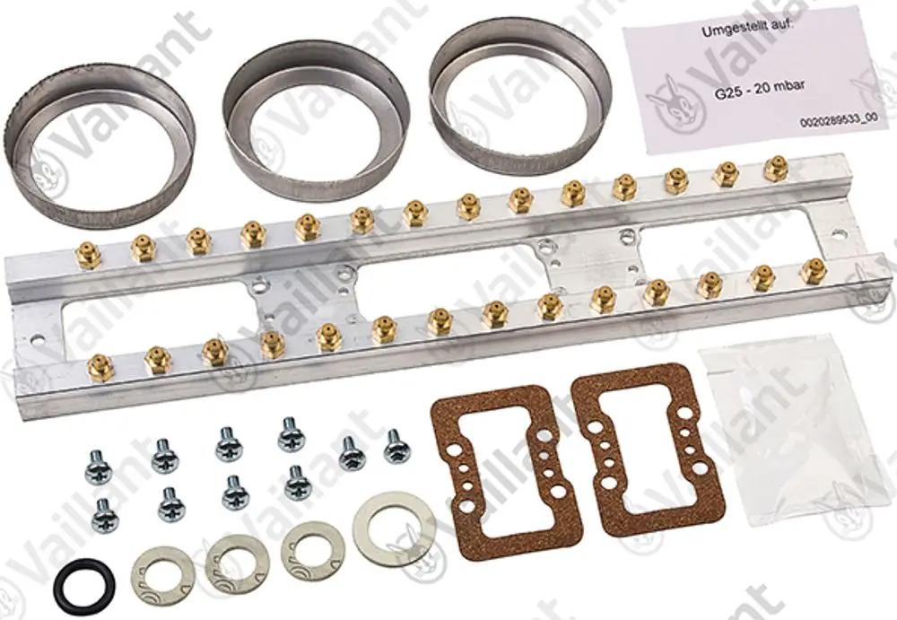 Vaillant Umstellsatz mit einem Aluminiumträger, Düsen, Dichtungen und Schrauben, geeignet für die Umstellung auf G25, angeordnet auf einem weißen Hintergrund.